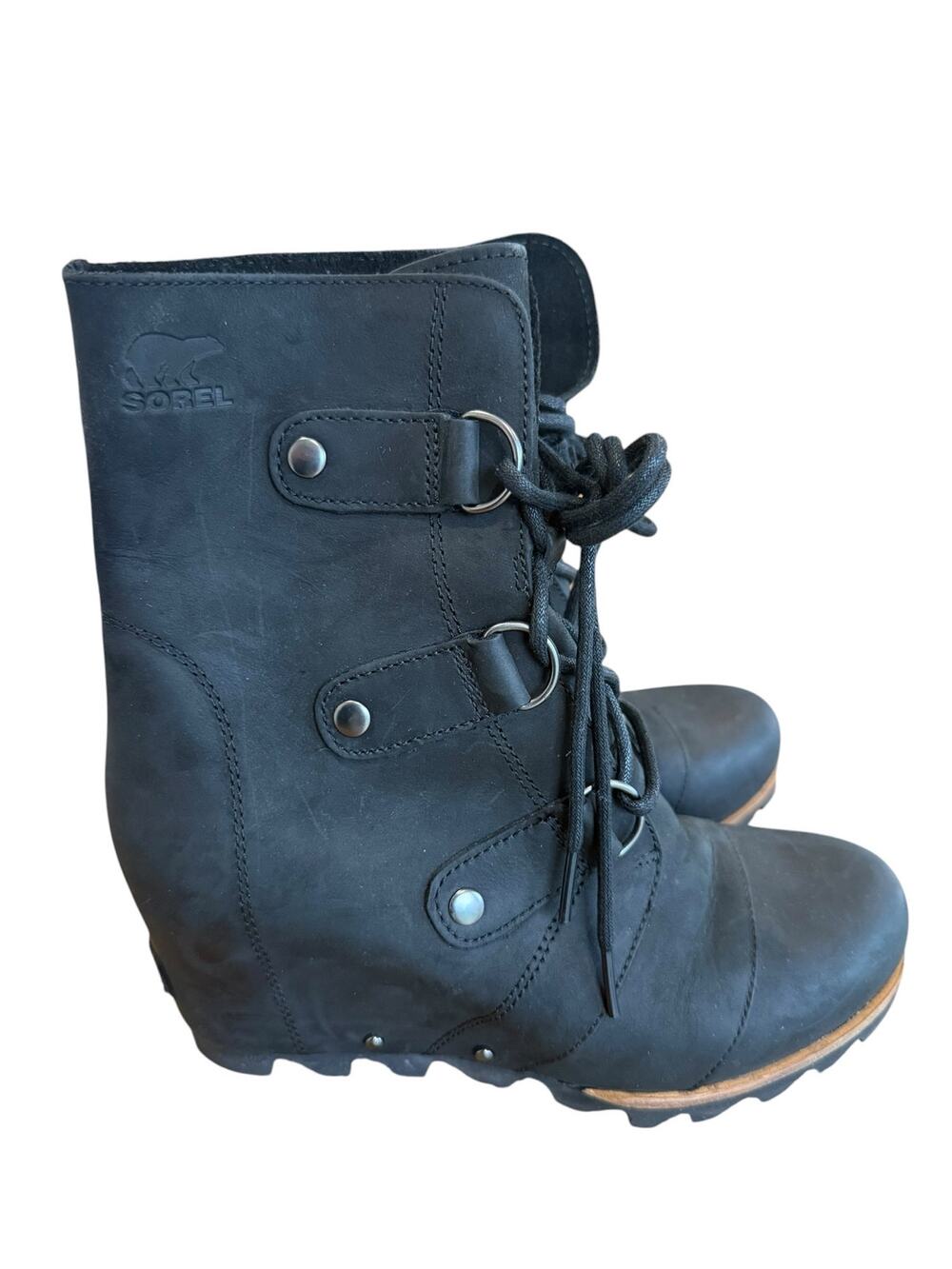 Sorel Joan of Arctic Wedge II Waterproof Leather Lace-Up Boots Black Women 7.5